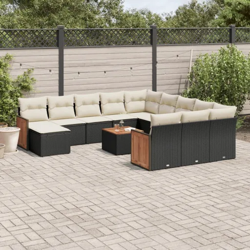 Conjunto de Sofás de Jardim com Almofadões Vime PE Preto (13 pcs)