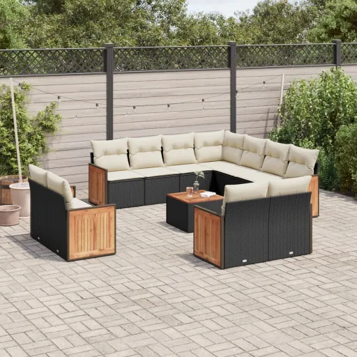 Conjunto de Sofás de Jardim c/ Almofadões Vime PE Preto (12 pcs)