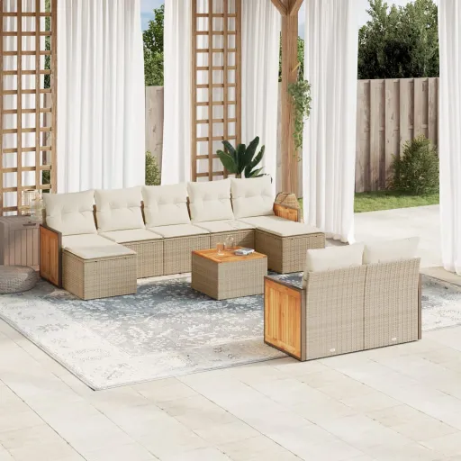 Conjunto de Sofás p/ Jardim com Almofadões Vime PE Bege (10 pcs)