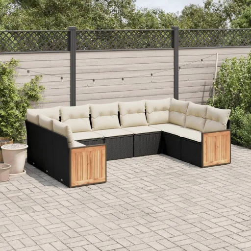 Conjunto de Sofás p/ Jardim c/ Almofadões Vime PE Preto (9 pcs)