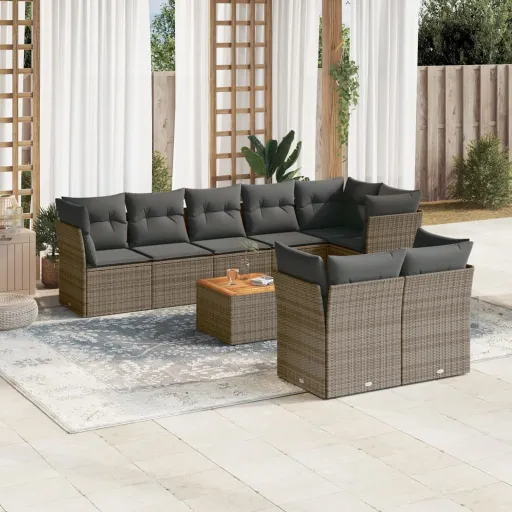 Conjunto Sofás p/ Jardim com Almofadões Vime PE Cinzento (9 pcs)