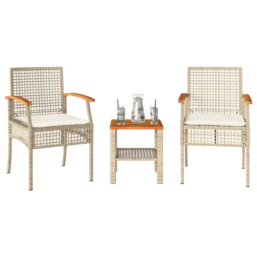 Conjunto de Bistrô com Almofadões   Vime PE e Acácia Bege (3 pcs)