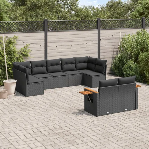 Conjunto de Sofás p/ Jardim c/ Almofadões Vime PE Preto (9 pcs)