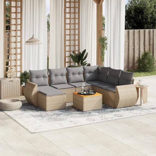 Conjunto de Sofás p/ Jardim com Almofadões Vime PE Bege (8 pcs)