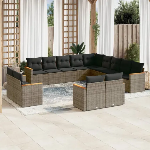 Conjunto Sofás p/ Jardim c/ Almofadões Vime PE Cinzento (13 pcs)
