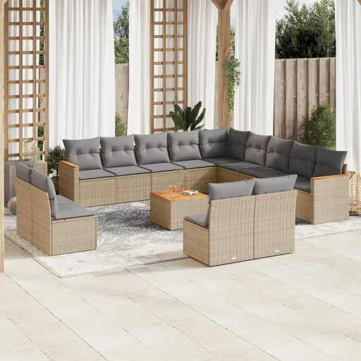 Conjunto de Sofás p/ Jardim com Almofadões Vime PE Bege (14 pcs)