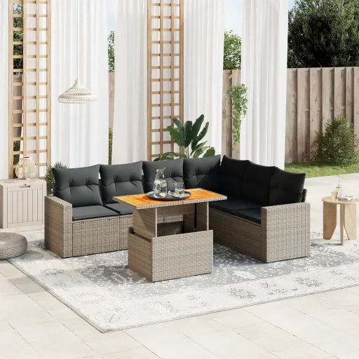 Conjunto Sofás p/ Jardim c/ Almofadões Vime PE Cinzento (7 pcs)