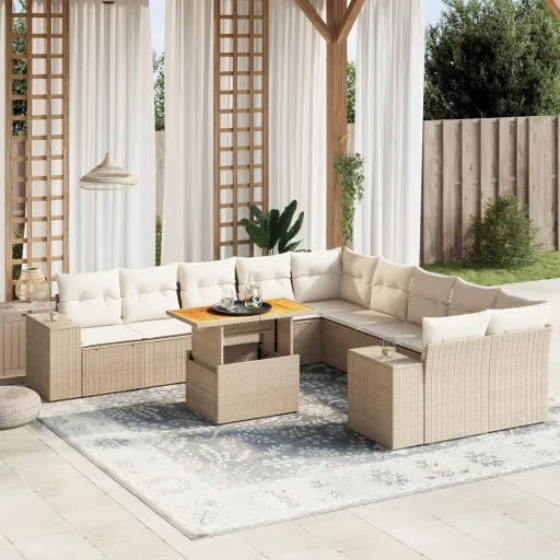 Conjunto Sofás de Jardim c/ Almofadões Vime PE Bege (11 pcs)