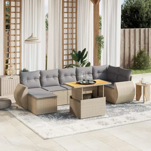Conjunto de Sofás p/ Jardim com Almofadões Vime PE Bege (8 pcs)