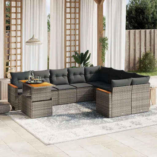 Conjunto Sofás de Jardim c/ Almofadões Vime PE Cinzento (10 pcs)