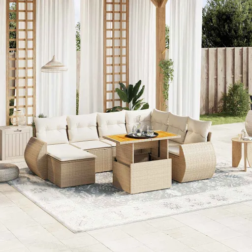 Conjunto de Sofás p/ Jardim com Almofadões Vime PE Bege (8 pcs)