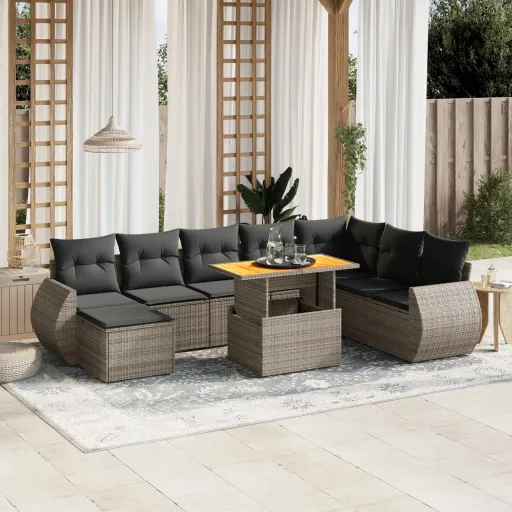 Conjunto Sofás p/ Jardim com Almofadões Vime PE Cinzento (9 pcs)