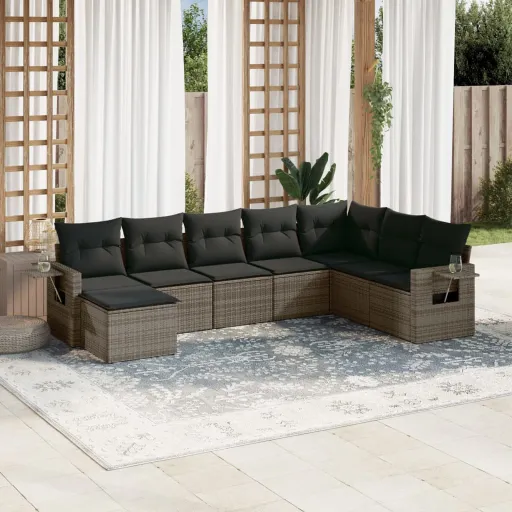 Conjunto Sofás de Jardim c/ Almofadões Vime PE Cinzento (8 pcs)