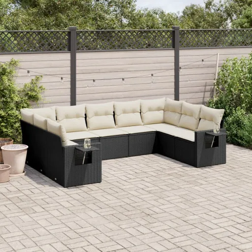 Conjunto de Sofás p/ Jardim c/ Almofadões Vime PE Preto (9 pcs)