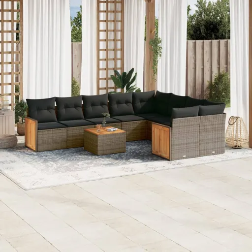 Conjunto Sofás de Jardim c/ Almofadões Vime PE Cinzento (10 pcs)