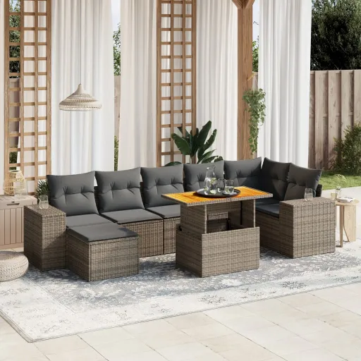 Conjunto Sofás de Jardim c/ Almofadões Vime PE Cinzento (8 pcs)