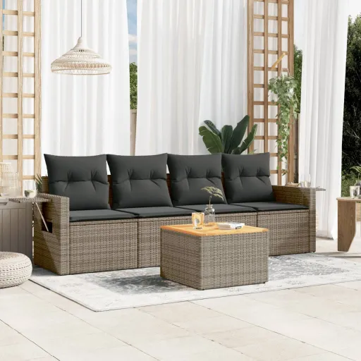 Conjunto Sofás de Jardim c/ Almofadões Vime PE Cinzento (5 pcs)