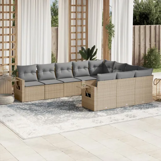 Conjunto de Sofás p/ Jardim com Almofadões Vime PE Bege (10 pcs)
