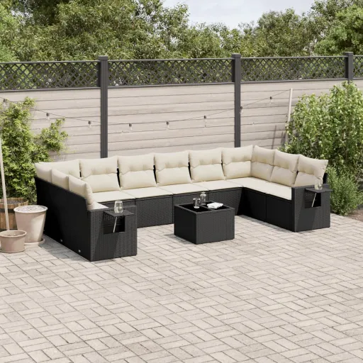 Conjunto Sofás de Jardim c/ Almofadões Vime PE Preto (11 pcs)