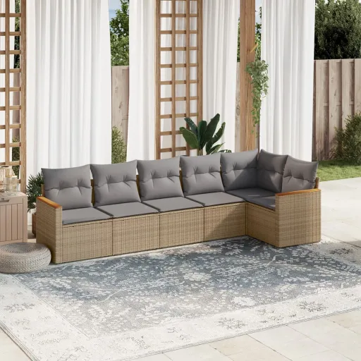 Conjunto de Sofás p/ Jardim com Almofadões Vime PE Bege (6 pcs)