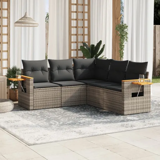 Conjunto Sofás de Jardim c/ Almofadões Vime PE Cinzento (5 pcs)