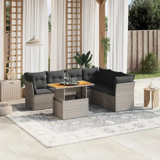 Conjunto Sofás p/ Jardim c/ Almofadões Vime PE Cinzento (7 pcs)