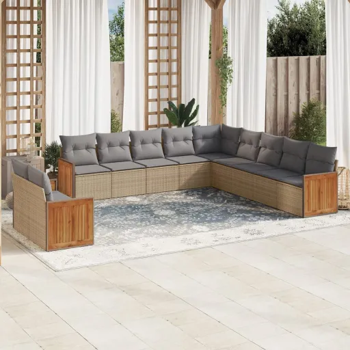 Conjunto Sofás de Jardim c/ Almofadões Vime PE Bege (11 pcs)