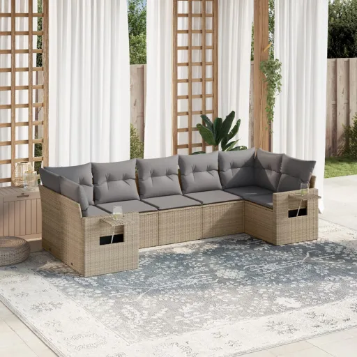 Conjunto de Sofás p/ Jardim com Almofadões Vime PE Bege (7 pcs)