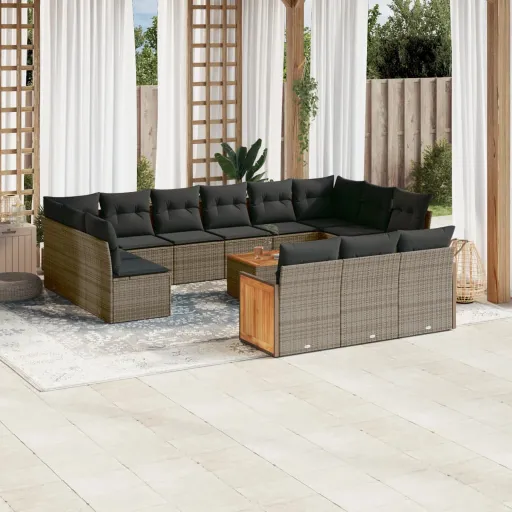 Conjunto Sofás p/ Jardim c/ Almofadões Vime PE Cinzento (14 pcs)