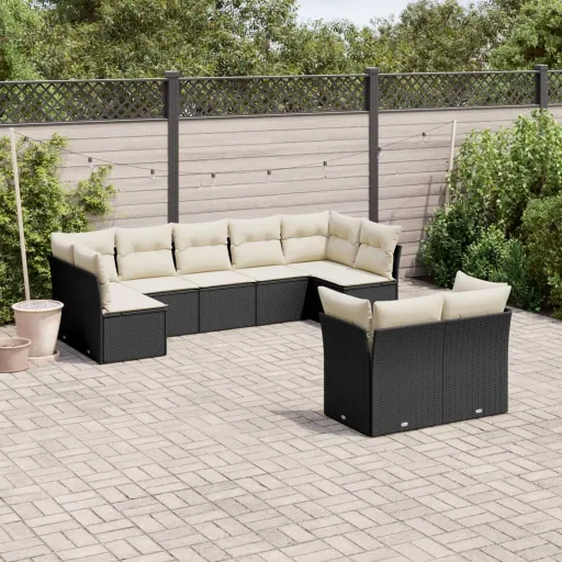Conjunto de Sofás p/ Jardim c/ Almofadões Vime PE Preto (9 pcs)