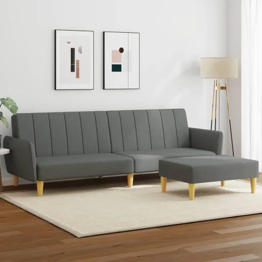 Sofá-Cama de 2 Lugares c/ Apoio de Pés Tecido Cinzento-Escuro