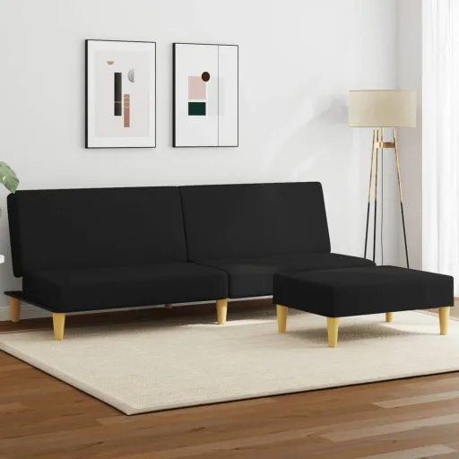 Sofá-Cama de 2 Lugares com Apoio de Pés Tecido Preto