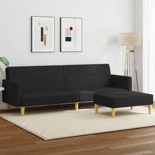 Sofá-Cama de 2 Lugares com Apoio de Pés Tecido Preto