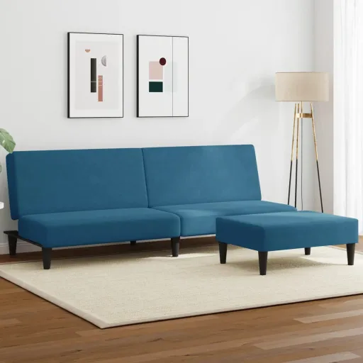 Sofá-Cama 2 Lugares c/ Apoio de Pés Veludo Azul