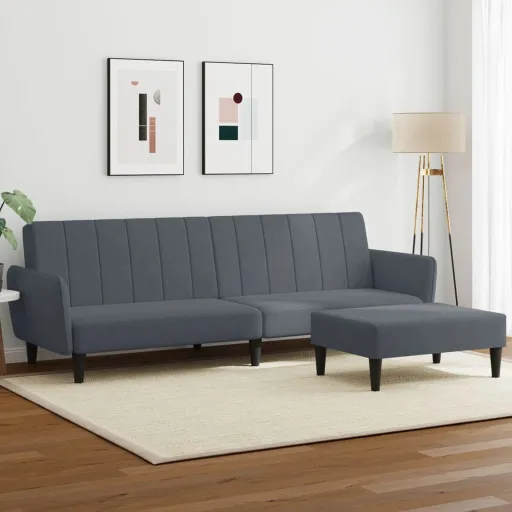 Sofá-Cama 2 Lugares c/ Apoio de Pés Veludo Cinzento-Escuro