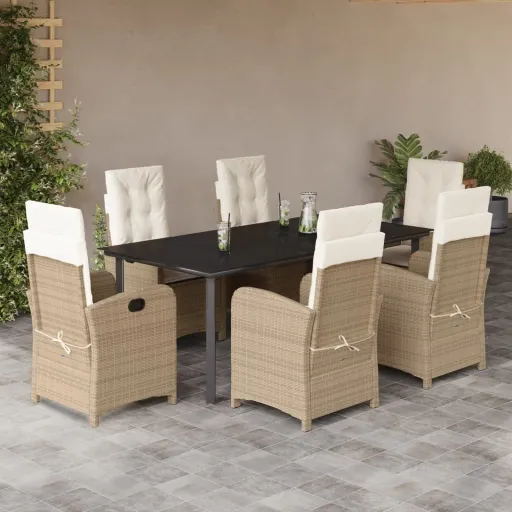 Conjunto de Jantar p/ Jardim com Almofadões Vime PE Bege (7 pcs)