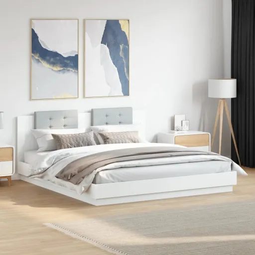Estrutura de Cama com Cabeceira e Luzes LED 200x200 cm Branco