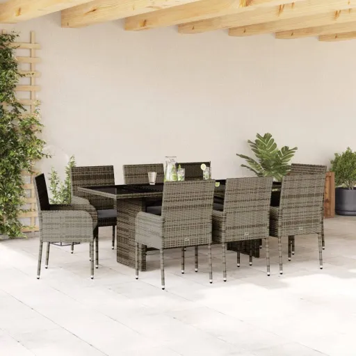 Conjunto de Jantar p/ Jardim c/ Almofadões Vime PE Cinza (9 pcs)
