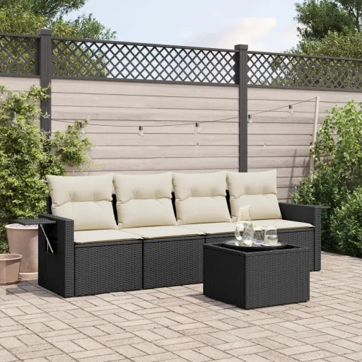 Conjunto Sofás de Jardim com Almofadões Vime PE Preto (5 pcs)