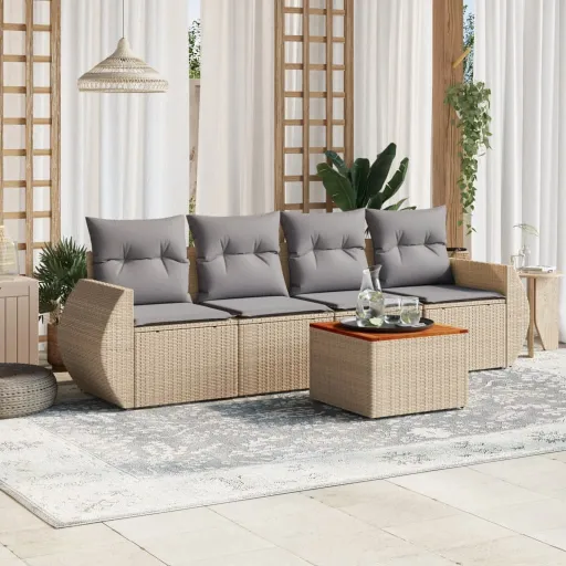 Conjunto de Sofás p/ Jardim com Almofadões Vime PE Bege (5 pcs)