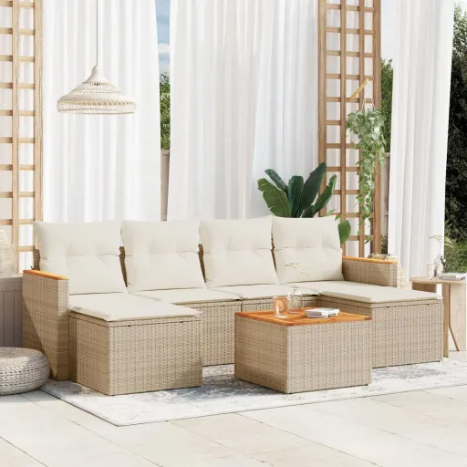 Conjunto de Sofás p/ Jardim com Almofadões Vime PE Bege (7 pcs)