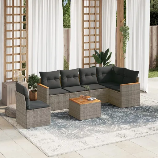 Conjunto Sofás p/ Jardim c/ Almofadões Vime PE Cinzento (7 pcs)