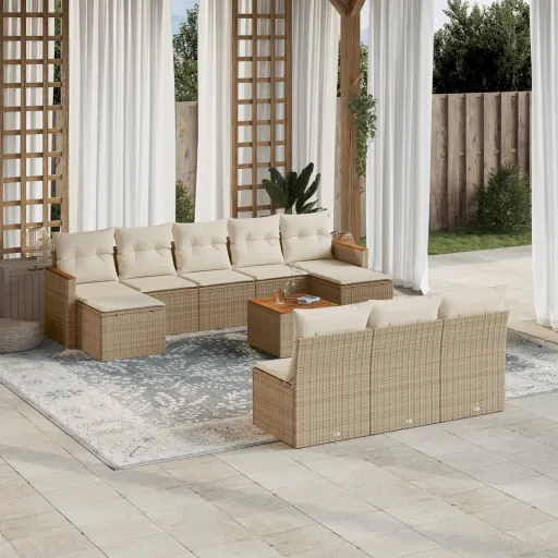 Conjunto Sofás de Jardim c/ Almofadões Vime PE Bege (11 pcs)