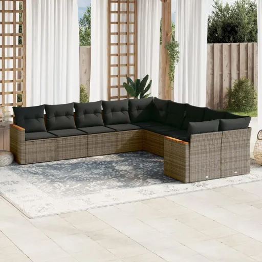 Conjunto Sofás de Jardim c/ Almofadões Vime PE Cinzento (10 pcs)
