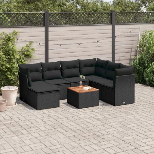 Conjunto Sofás de Jardim com Almofadões Vime PE Preto (8 pcs)