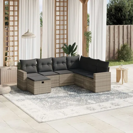Conj. Sofás Jardim com Almofadões Vime PE Cinzento-Claro (7 pcs)