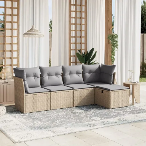 Conj. Sofás Jardim c/ Almofadões Vime PE Bege Misturado (5 pcs)