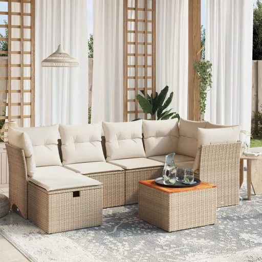 Conjunto de Sofás p/ Jardim com Almofadões Vime PE Bege (7 pcs)