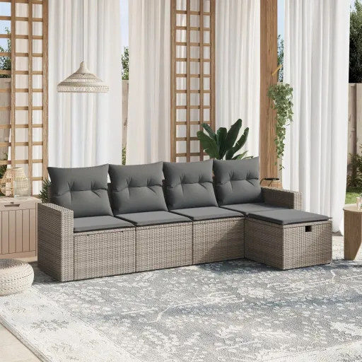 Conjunto Sofás de Jardim c/ Almofadões Vime PE Cinzento (5 pcs)