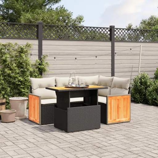 Conjunto Sofás de Jardim com Almofadões Vime PE Preto (5 pcs)